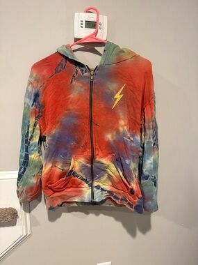 Aviator Nation  Tie-Dye Zip Hoodie with Lightning Bolt - Red Multi